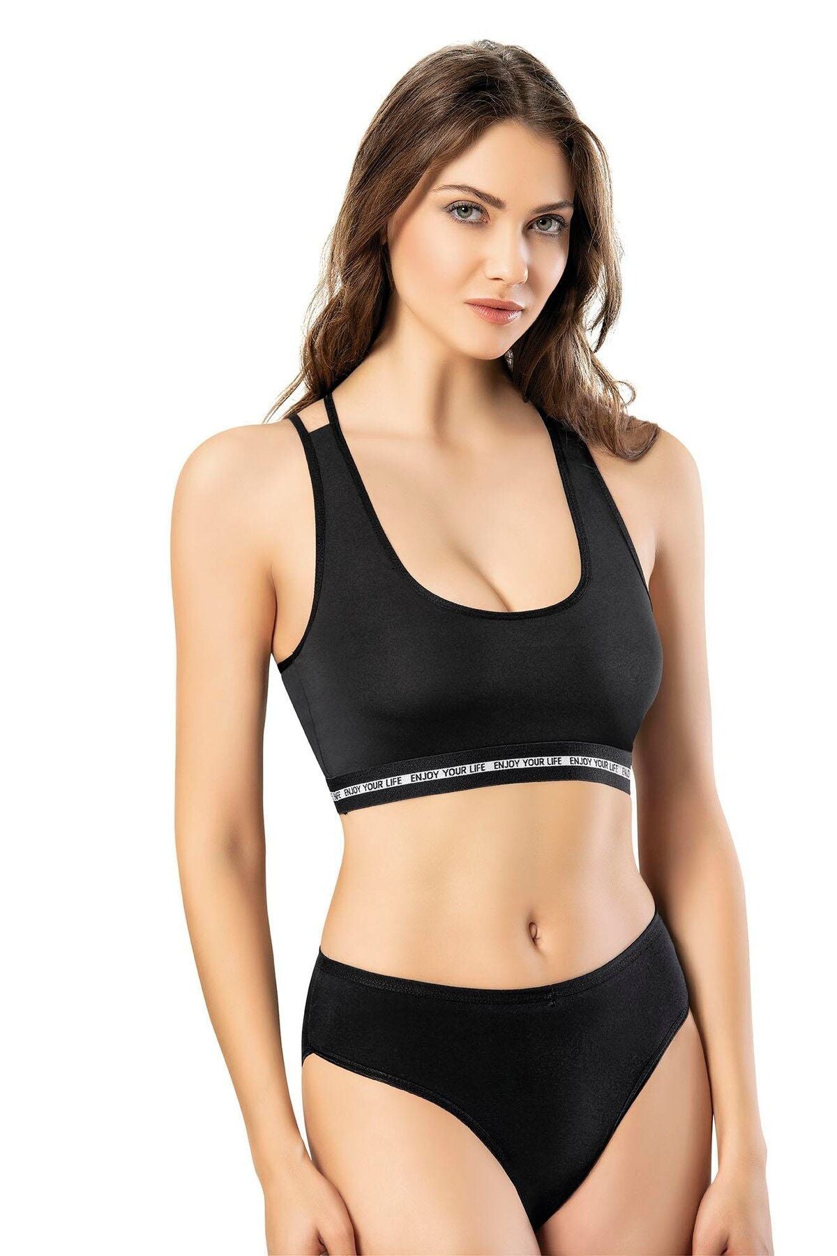 Kota 6397 Kadın Ön Kısım Geniş Askılı Arka Kısım Çift İp Askılı Spor Crop Top Pedli Büstiyer SİYAH