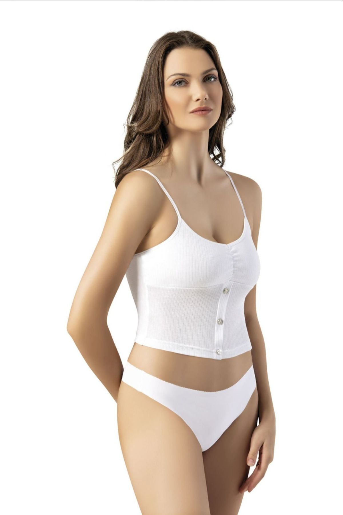 Kota 6441 MODELLİ DÜĞME DETAYLI CLASSIC STYLE  İP ASKILI KADIN PEDLİ CROP BÜSTİYER BEYAZ